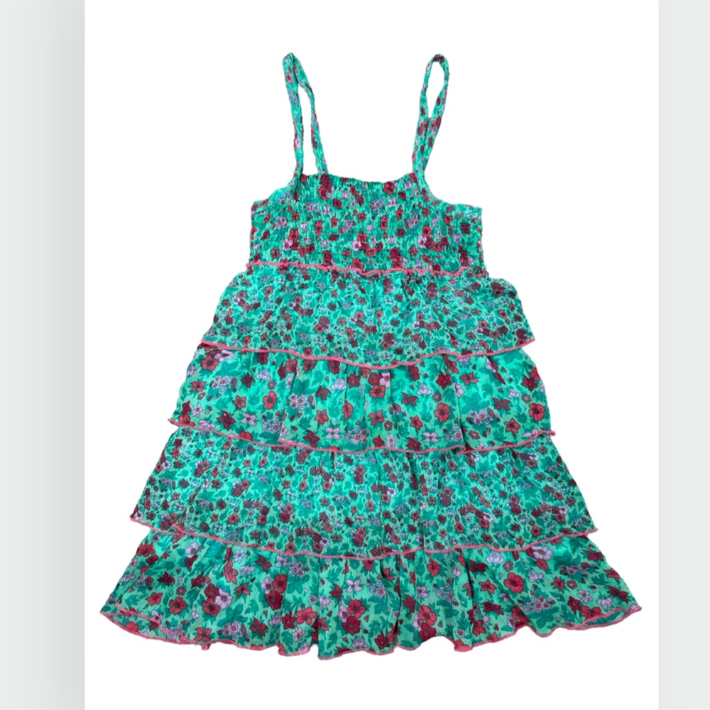Pumpkin Patch Green Floral Tiered Tan Sun Tank Dress Girls Size 6